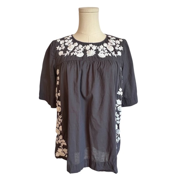 Love Sam Tops - Ivy Jane Gray Embroidered Floral Cotton Tunic Top Half Sleeve‎ Charcoal Womens S